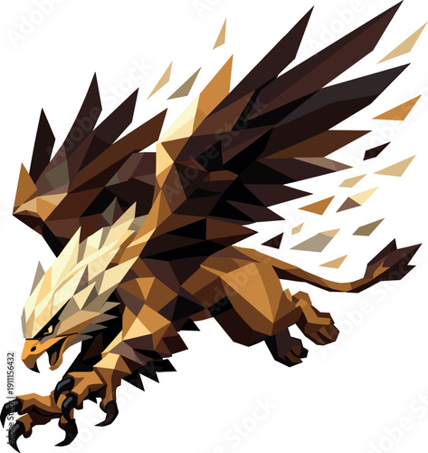 Low-poly vector illustration of a griffin performing a claw-first dive, single mythical griffin with sharply faceted anatomy