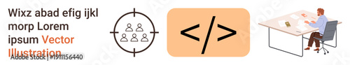 Software development, coding, target audience, programming tools, web design, business strategies. Code symbol, target icon and person working at desk. Highlights software development and target