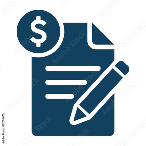 Blue flat icon representing a financial contract or invoice with a pencil and currency symbol