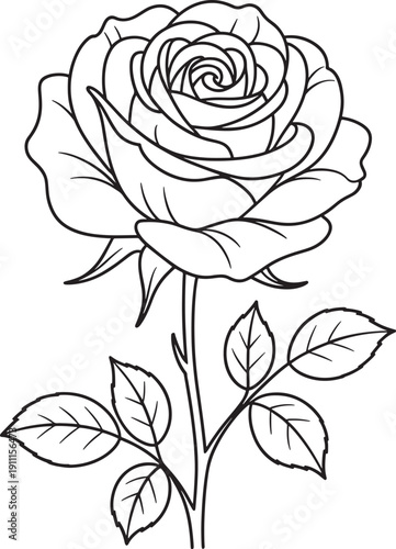 A black line drawing of a single rose with leaves on a transparent background