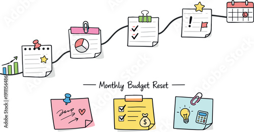 Milestone roadmap path, notebook strips as checkpoints, mini chart and calendar icons, pinned sticky notes for Monthly budget