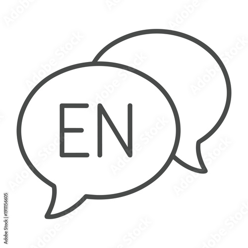 Minimalist line art icon representing English language communication through overlapping speech bubbles for translation