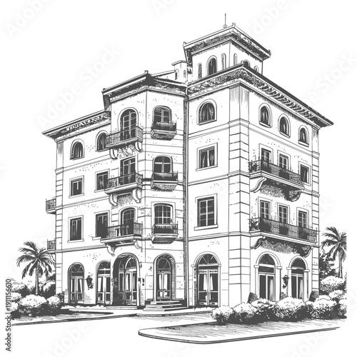 A detailed sketch of a multi story building with balconies
