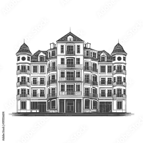 Architectural illustration depicting an elaborate building with balconies and turrets