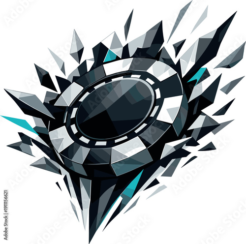 Low-poly vector illustration of a poker chip breaking through the spin into descent, bold angular silhouette snapping into