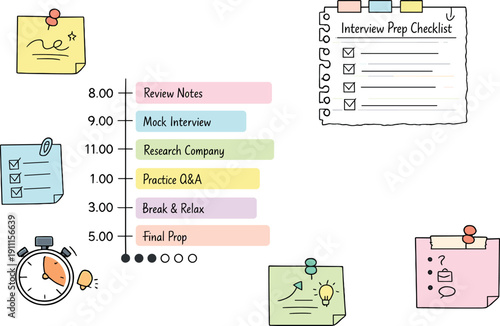 Daily schedule timeline with time blocks, timer and notebook page scraps, sticky notes and progress dots for Interview prep