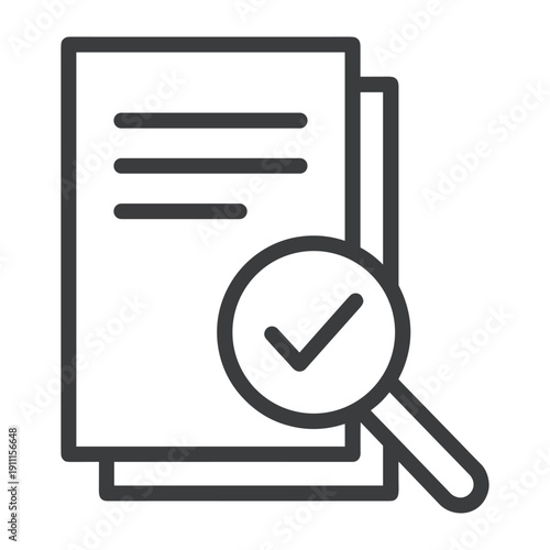 Linear icon representing document inspection and verification using a magnifying glass with checkmark symbol