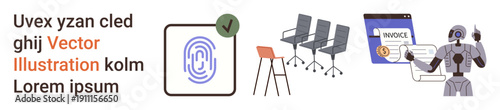 Digital security, workspace ideas, financial management, AI technology, robot assistance, smart solutions. Fingerprint icon, office chairs payment interface robot. Digital security and workspace