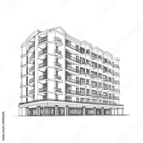 Detailed hand drawn architectural building illustration with many balconies displayed