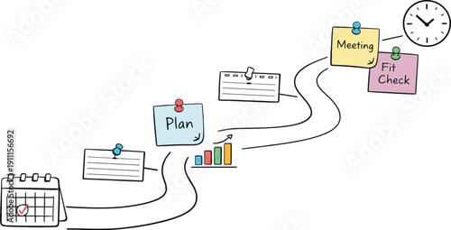 Milestone roadmap path, notebook strips as checkpoints, mini chart and calendar icons, pinned sticky notes for Outfit planning