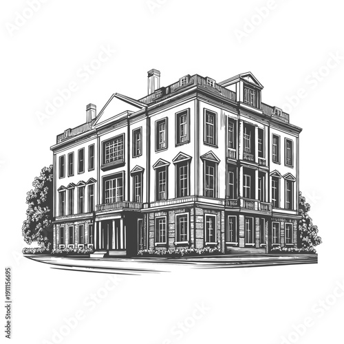 Detailed black and white architectural illustration of a large stately building