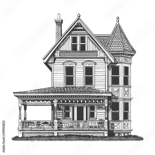 An elaborate black and white illustration depicting a beautiful Victorian house