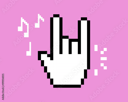 Y2k pixel art hand with rock gesture. Rocker. Abstract game elements. Music notes. Cool retro editable pixel vector illustration for music festival, party, concert. Punk, bold, groovy. Pink background