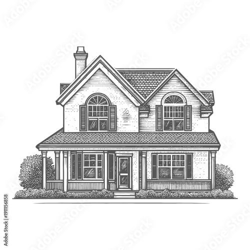 Illustration depicting a detailed residential house with multiple features
