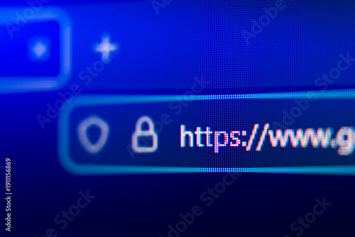 Slika na platnu Close-up of a secure web browser address bar with HTTPS protocol, padlock icon, and shield symbol, representing internet security, data privacy, and encrypted connection