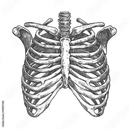 Detailed illustration showing the human ribcage and associated skeletal parts