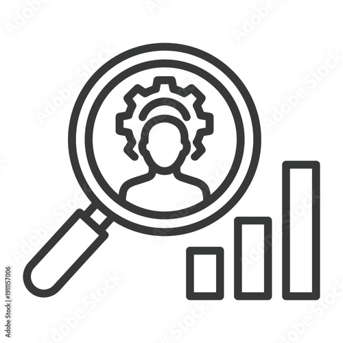 Business icon showing recruitment process with magnifying glass analyzing candidate skills and performance data chart
