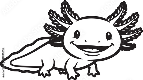 Cute cartoon axolotl with a big smile and feathery gills, a friendly amphibian illustration
