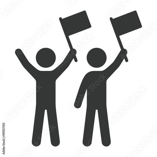 Silhouette of two human figures waving flags during a public demonstration or sports event celebration