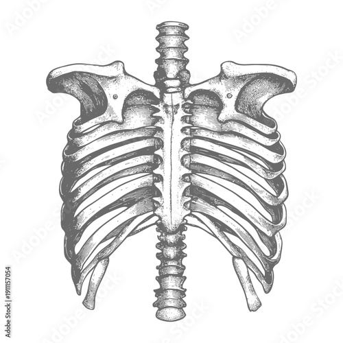 A detailed grey illustration of the human skeletal ribcage
