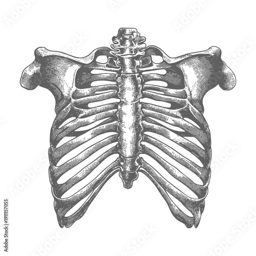 An artistic anatomical representation of a human torso skeleton
