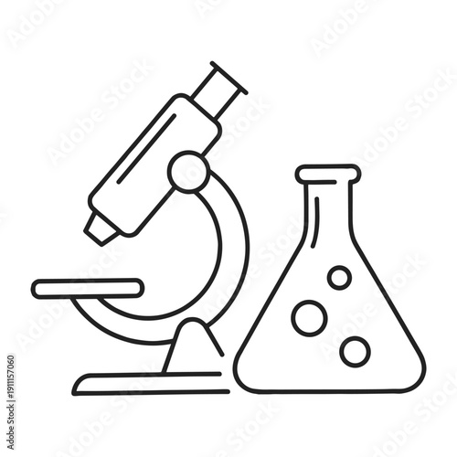 Simple outline illustration of a microscope and chemical flask representing scientific research and laboratory experiments