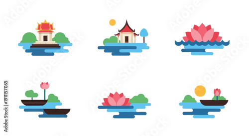 Asian temple and lotus flowers on water with boats and trees