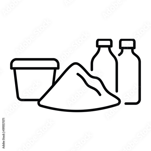 Simple black outline illustration representing food preparation with powder heap bottles and storage tub container