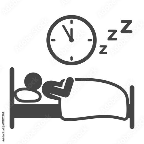 Simple icon showing a human figure resting in bed under a blanket with time clock