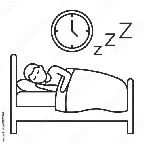 Simple line art illustration of a man resting in bed under a warm blanket