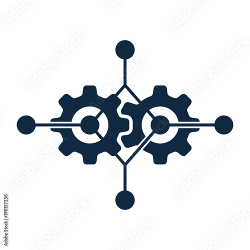 Abstract icon of two mechanical gears connected by lines and dots for technology integration