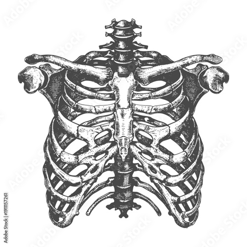 Detailed illustration depicts the human skeletal structure of a torso