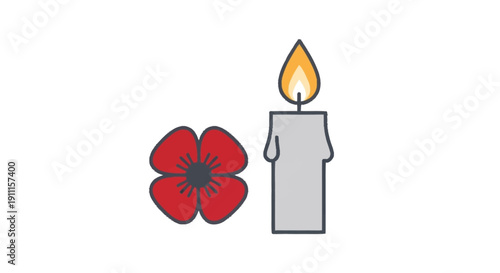 Red poppy flower next to lit gray candle flame lit candle