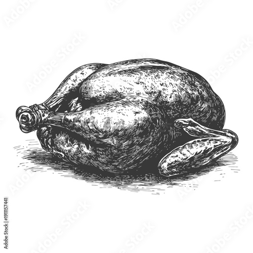 A detailed black and white illustration of a roasted chicken