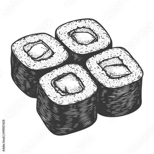 Four pieces of sushi artfully arranged on a white background