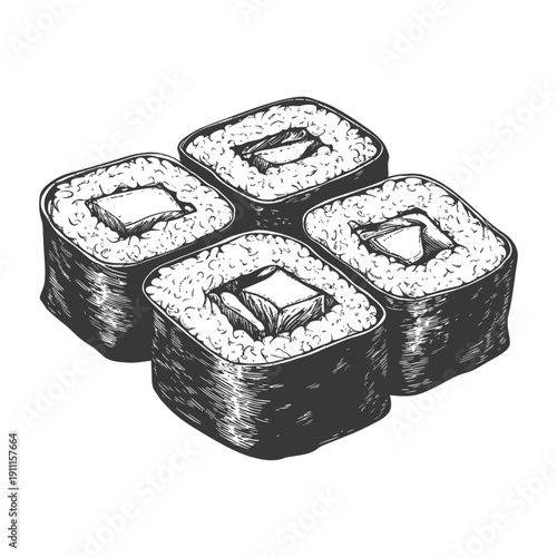 Hand drawn illustration depicting four pieces of sushi arranged together