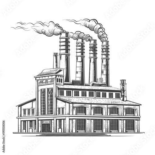 Industrial Factory Structure Releasing Smoke From Multiple Chimneys