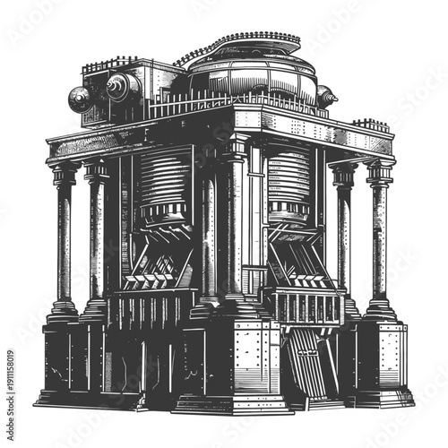 A detailed illustration of a large ornate industrial structure