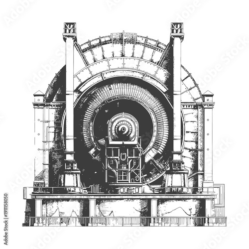 A detailed illustration of a large circular mechanical device