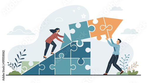 Diverse business people building a puzzle bridge, representing collaboration and problem-solving