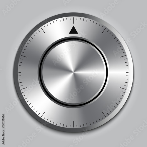 Realistic Stainless Steel Volume Knob with Arrow Indicator – 3D Metallic Control Dial Button Vector Illustration