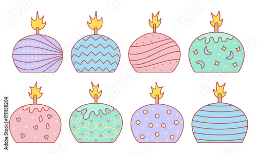 Color retro round candle set. Decorated candle doodles with abstract psychedelic patterns, melted wax and flame. Various cliparts for cozy atmosphere