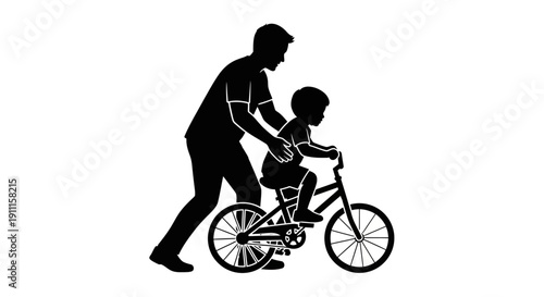 Man helps young boy riding bicycle outdoors on sunny day with support and guidance.