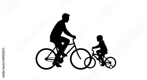 Father rides bicycle with child on training wheels outdoors in sunny day yr (15)
