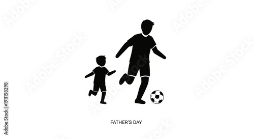 Father and son playing soccer on Father's Day with a ball on the field together.