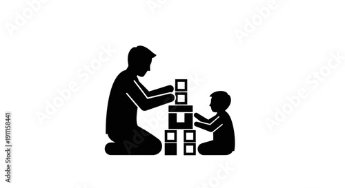 Man and child play with blocks on floor