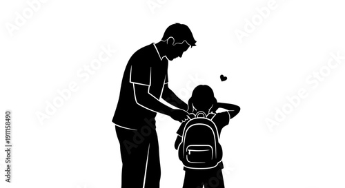 Father helps daughter wear backpack for school yr 45