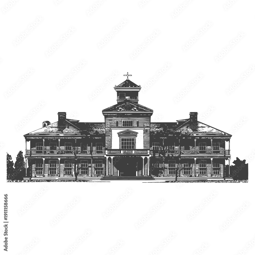 Obraz premium An illustrated perspective rendering shows a grand colonial architectural structure