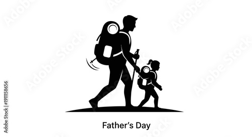 A father and child hike together on a trail on Father's Day outdoors in nature.