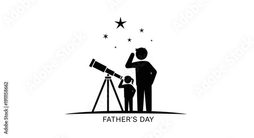 Father and son observing stars on a clear night sky with a telescope on yr 55